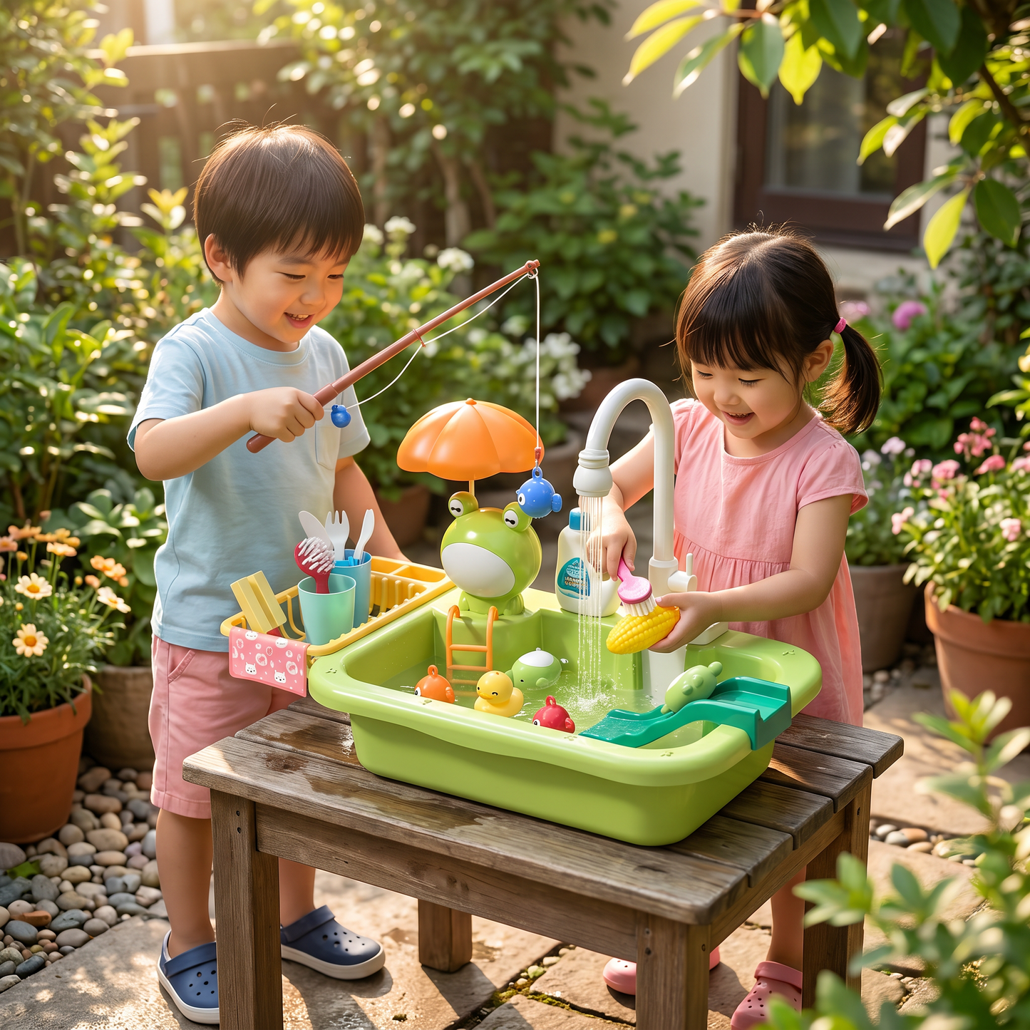 子供用プレイキッチン(水機能付き)– 電動水循環&魚釣りゲーム付きシンクおもちゃセット