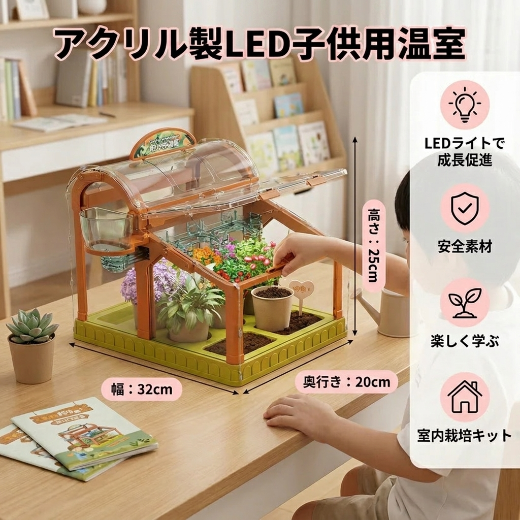 アクリル製LED子供用温室 – 室内栽培キット（楽しく学べる植物育成セット）