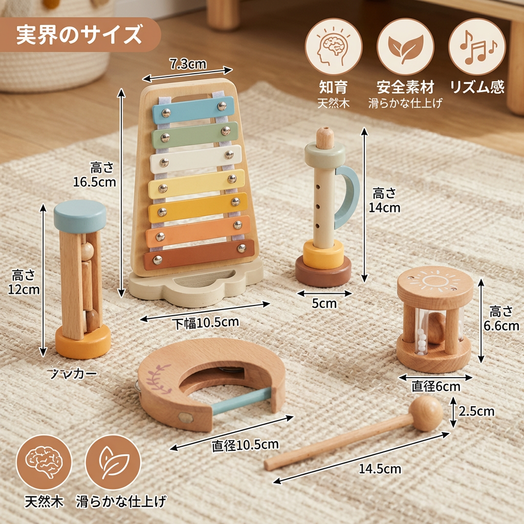 ベビー木製サウンドプレイセット – 6点セットの感覚的ミュージック＆サウンドおもちゃ