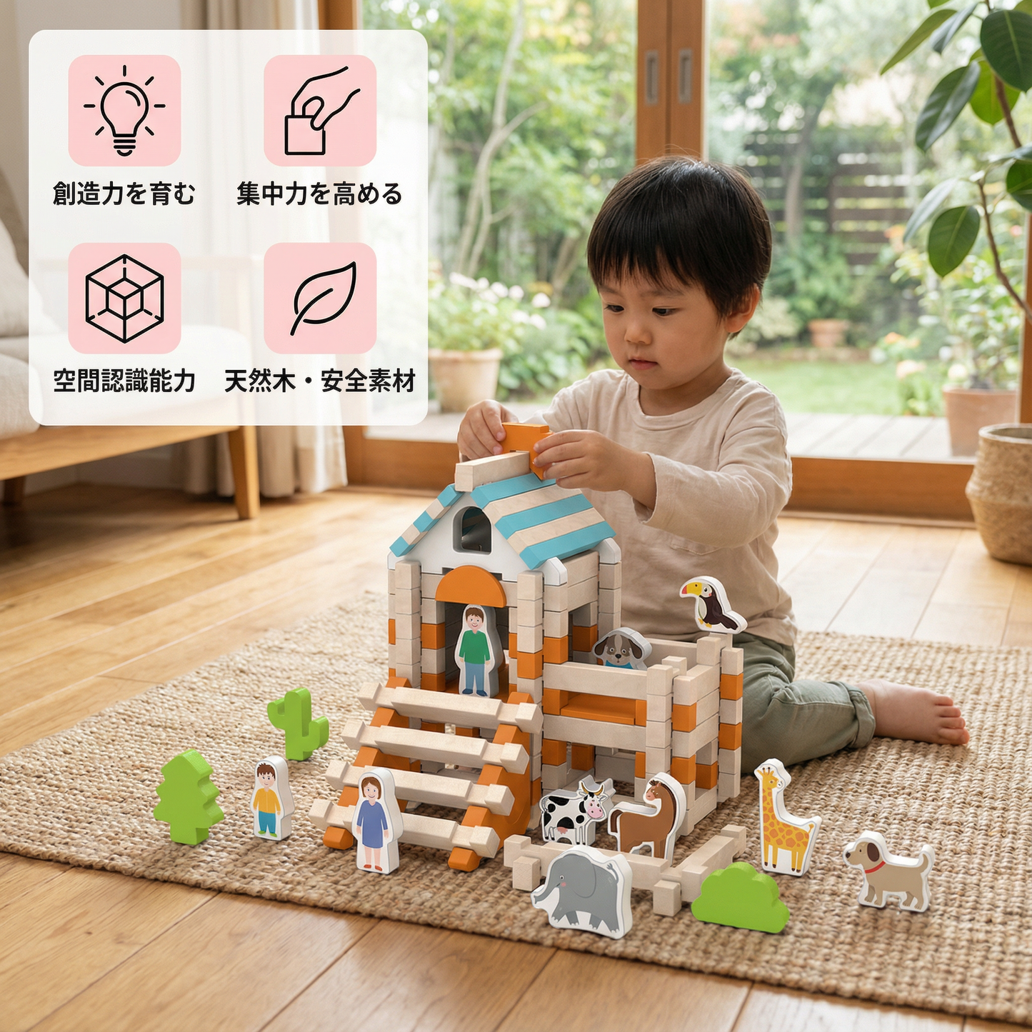 モンテッソーリ木製ブロックセット – 自然な積み木と組み立ておもちゃ